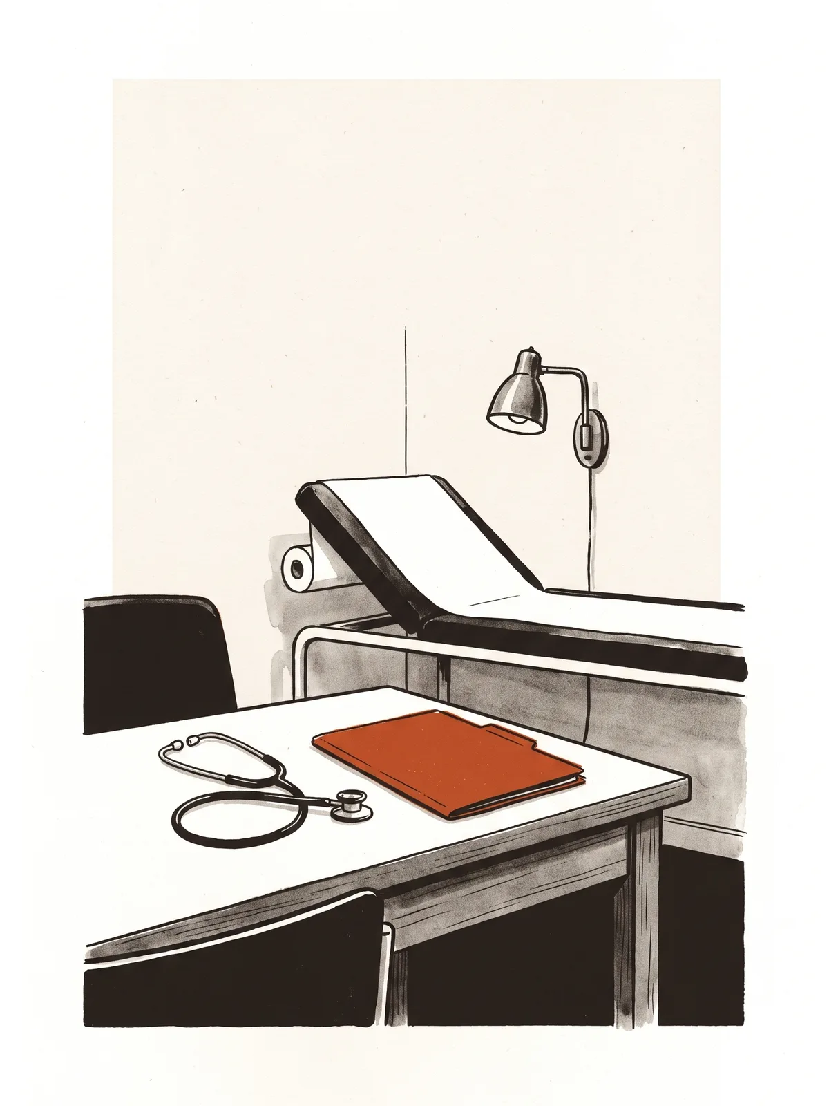 Ruhiges Ordinationszimmer mit Stethoskop und Patientenmappe auf dem Schreibtisch, dahinter eine Untersuchungsliege.