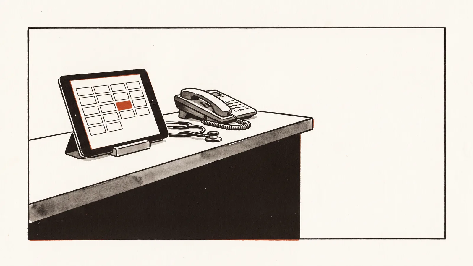 Empfangspult einer Arztpraxis: ein Tablet zeigt einen Terminkalender mit einem belegten Termin, daneben liegt das Telefon still.