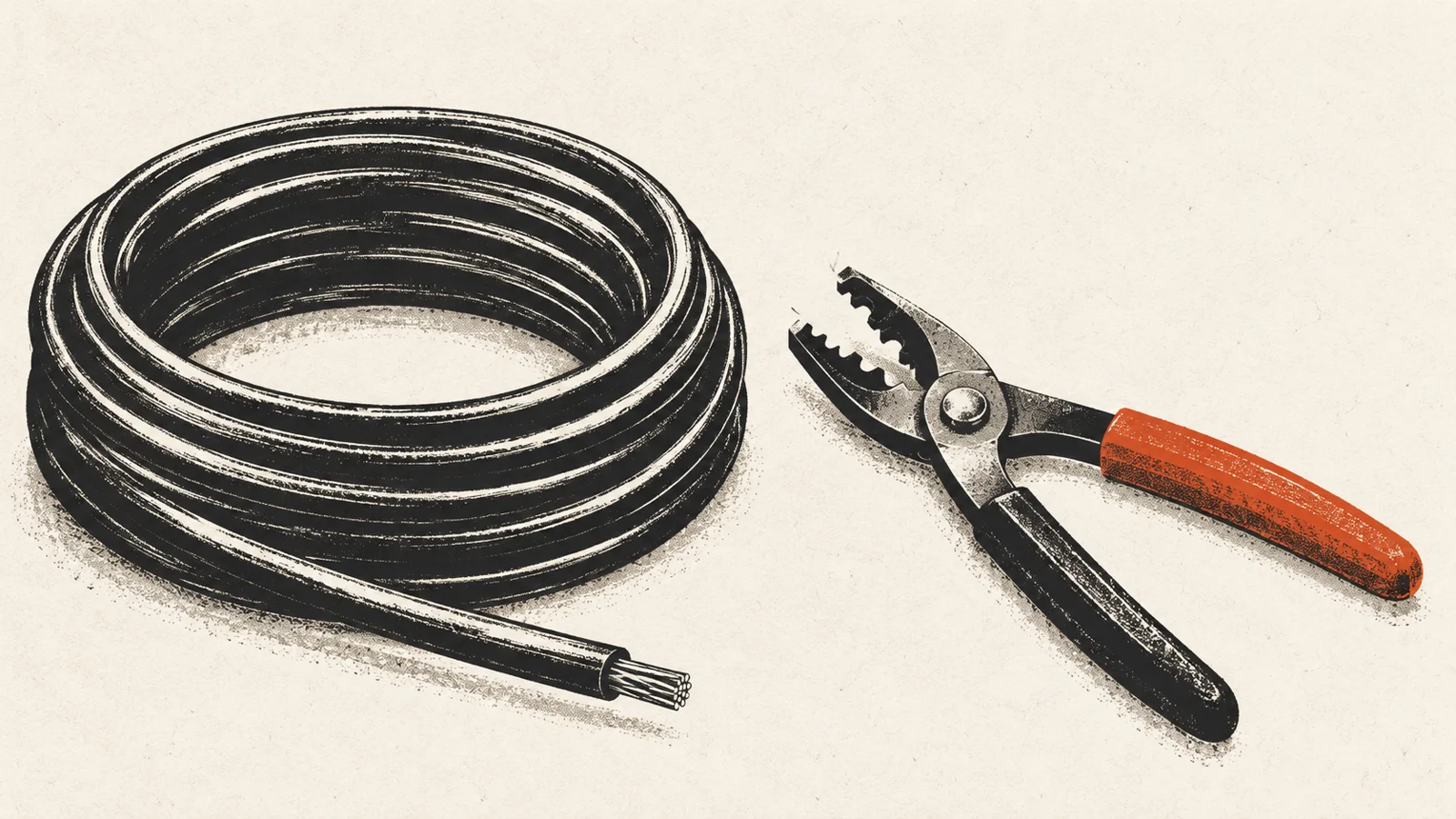 Aufgerolltes Kabel neben einer Abisolierzange mit orangefarbenem Griff.