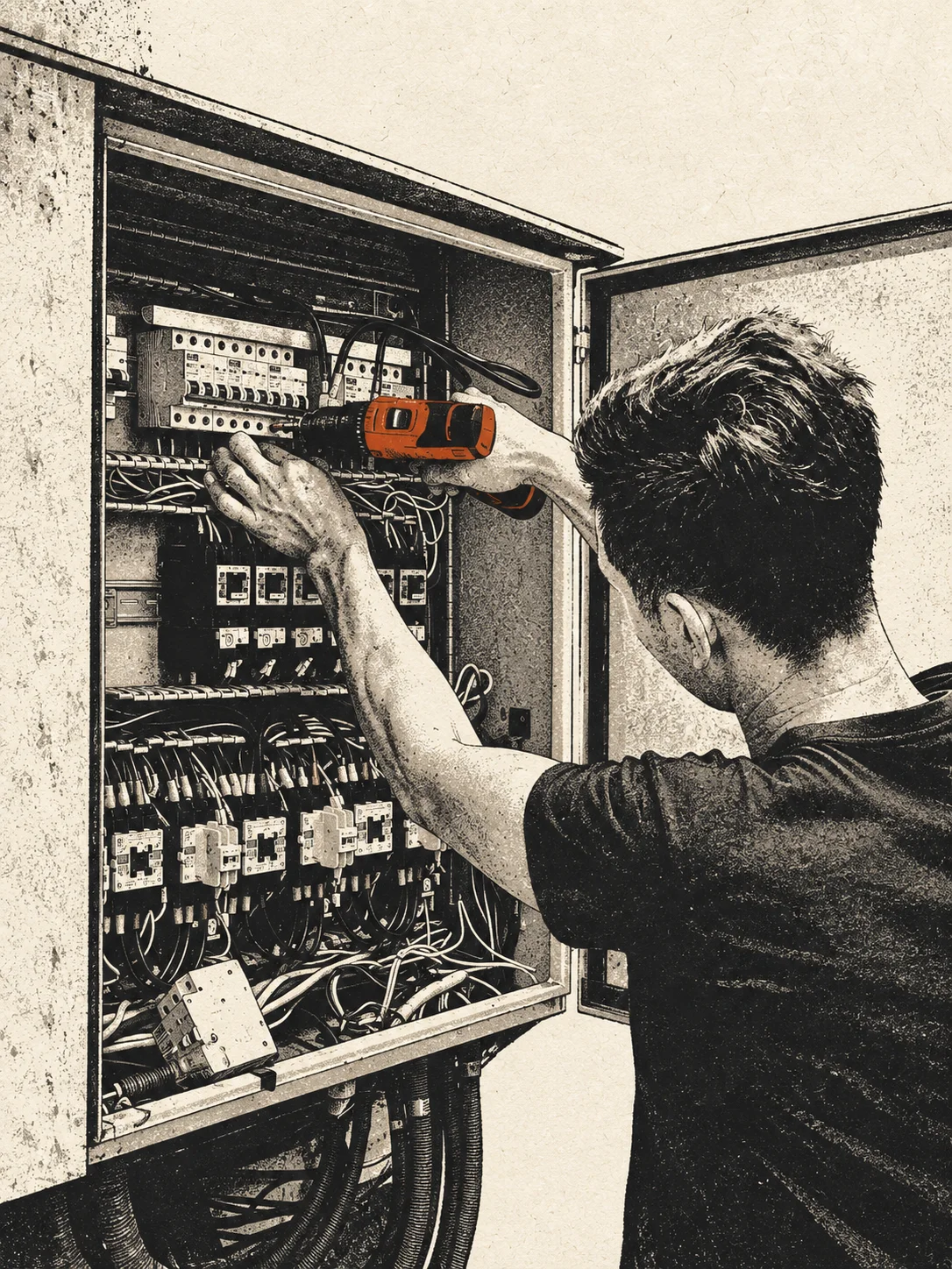 Elektriker bei der Arbeit an einem geöffneten Schaltschrank.