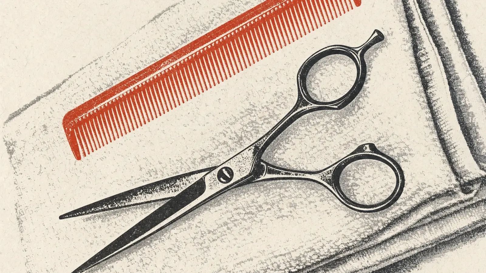 Eine offene Friseurschere und ein Kamm liegen auf einem gefalteten Handtuch.