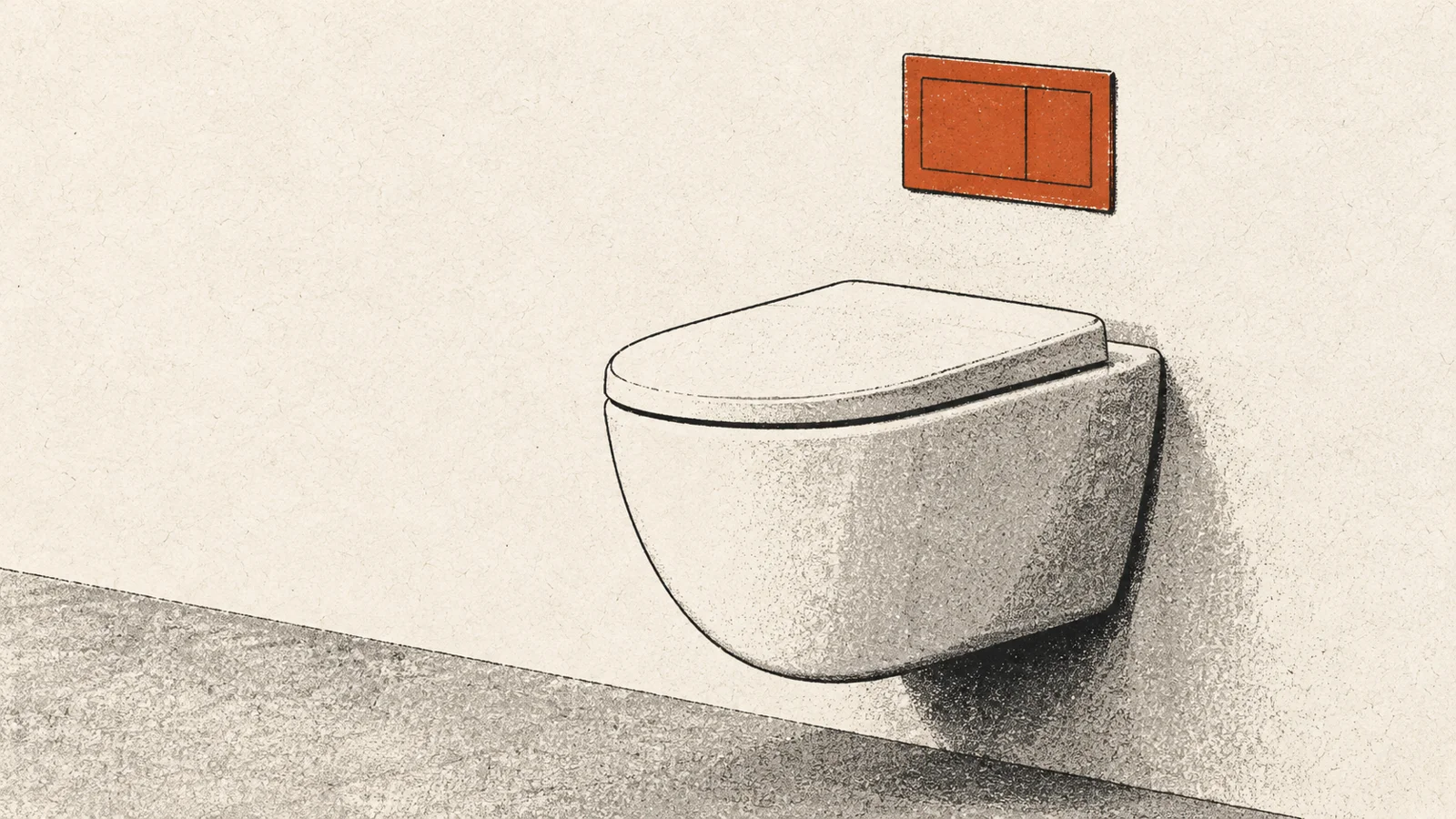 Wandhängendes WC mit orangefarbener Betätigungsplatte.