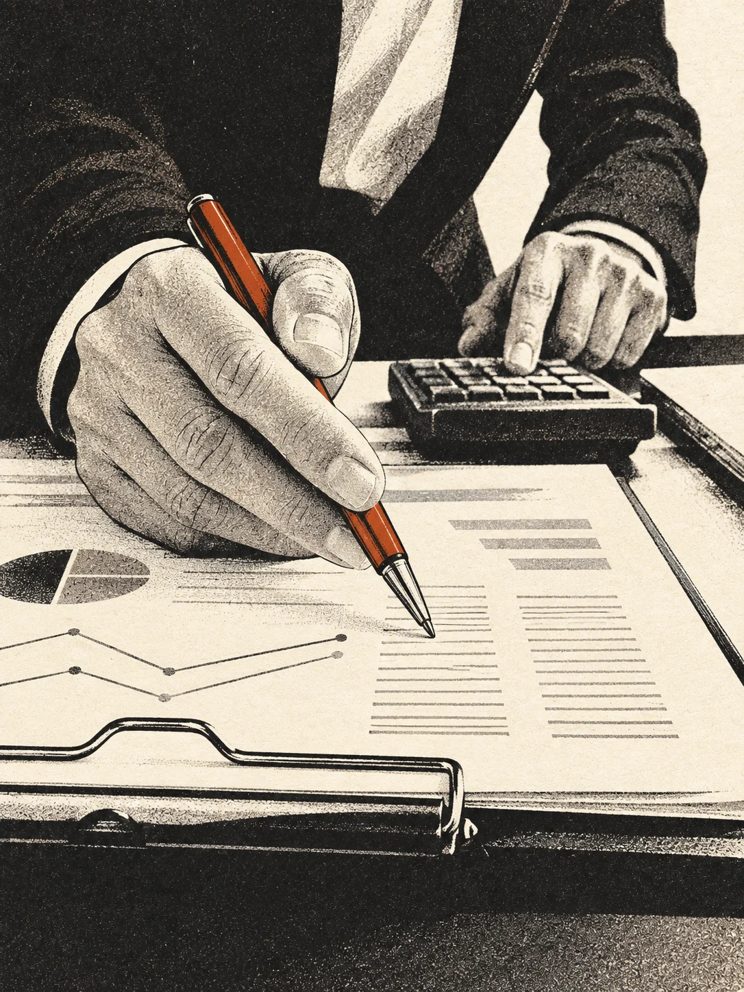 Hand mit Stift über Finanzunterlagen, dahinter ein Taschenrechner.