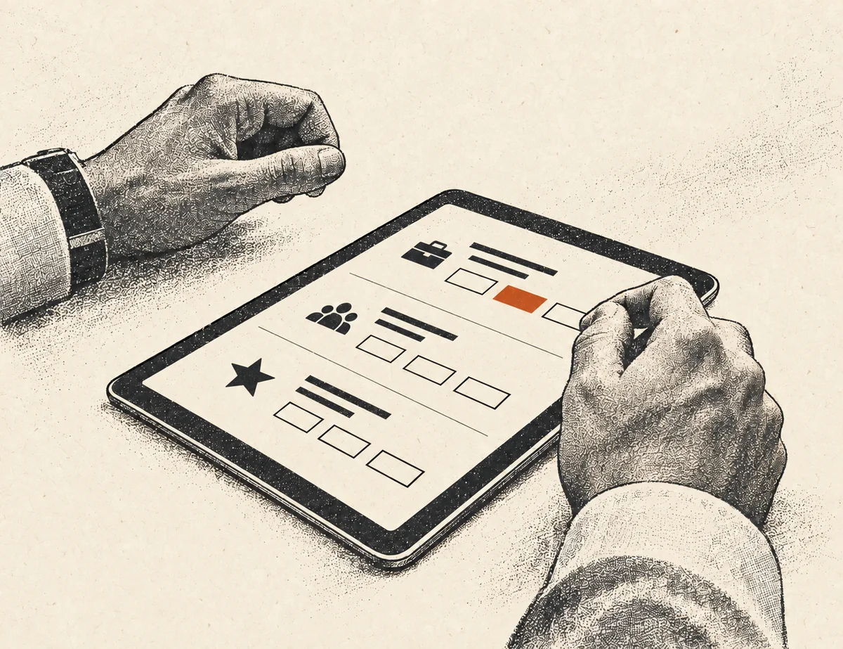 Tablet mit digitalem Briefing zu Betrieb, Zielgruppe und Prioritäten.