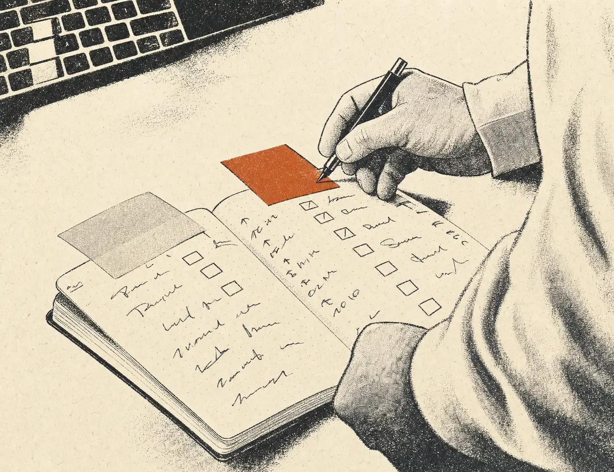 Eine Hand schreibt mit dem Stift auf eine Haftnotiz, darunter ein Notizbuch mit Checklisten