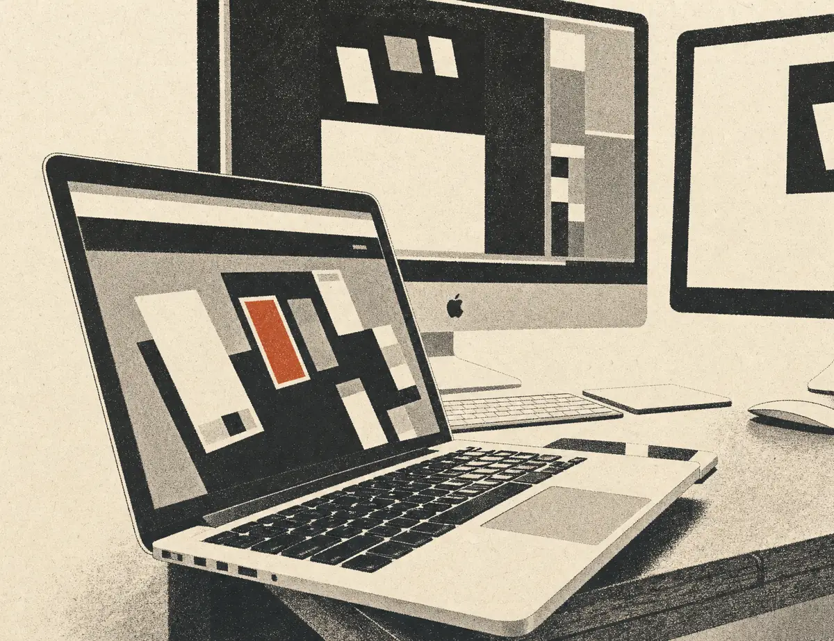 Schreibtisch mit Laptop und zwei Monitoren, auf allen Bildschirmen ein Website-Layout aus Flächen