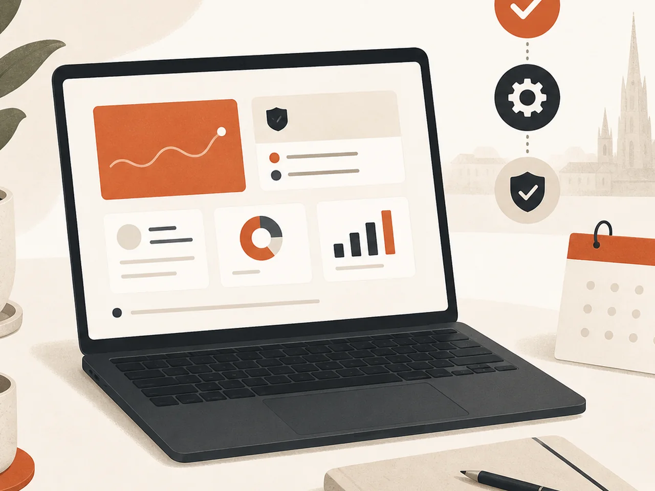 Laptop mit Dashboard, Kalender und Wartungssymbolen für die laufende Website-Betreuung