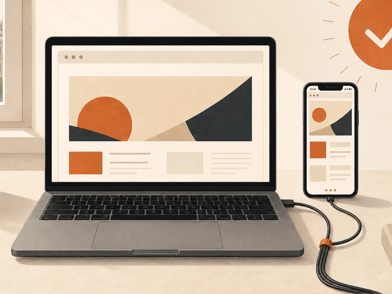 Laptop und Smartphone mit abstrakter Website-Ansicht als Zeichen für den erfolgreichen Launch