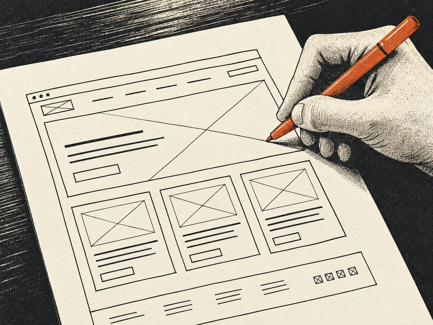 Skizze eines Website-Wireframes auf Papier.