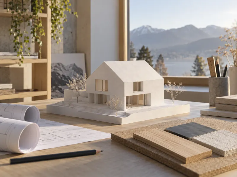 Weißes Arbeitsmodell eines Hauses mit Satteldach auf einem Holztisch, daneben Planrollen, ein Bleistift und Materialmuster aus Holz, Metall und Putz