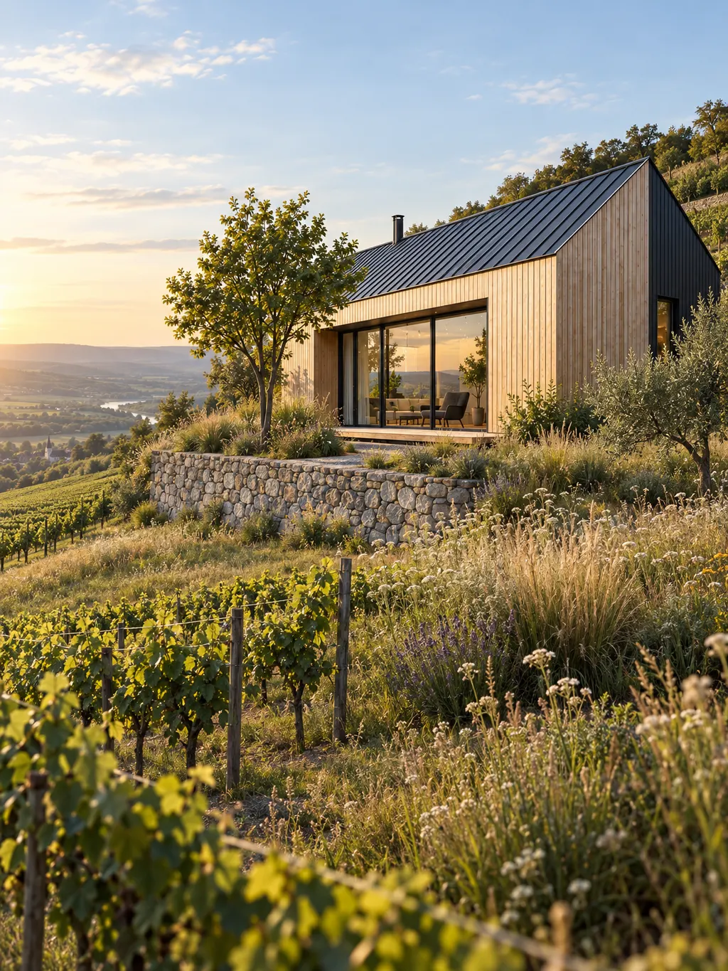 Langgestrecktes Holzhaus mit dunklem Satteldach an einem Weinberghang, davor eine Trockensteinmauer und Wiesengräser