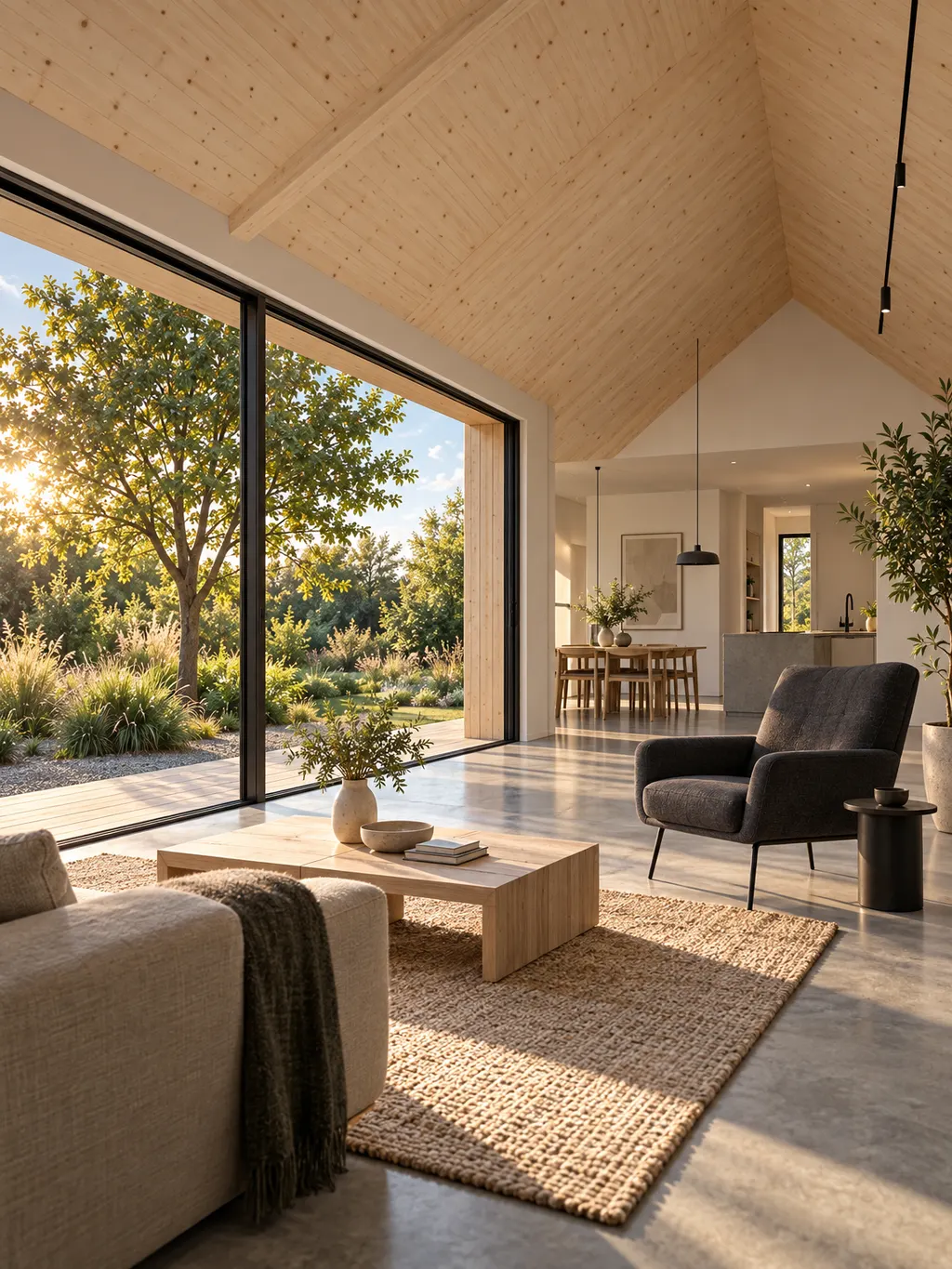 Offener Wohnraum unter sichtbarer Holzdecke, raumhohe Verglasung zum Garten, Betonboden und ein dunkler Sessel