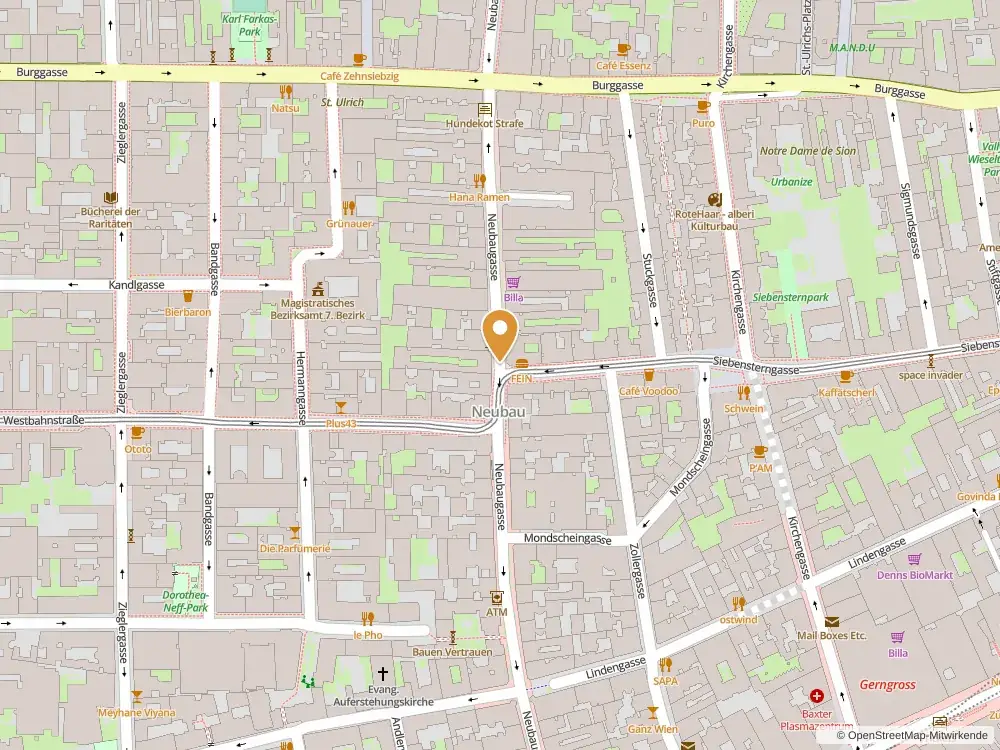 Kartenausschnitt von Wien-Neubau mit einer Markierung an der Lage der Bar