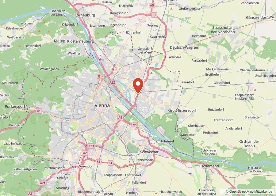 Karte von Wien und Umland mit einer Markierung in der Donaustadt, wo der Betriebshof liegt