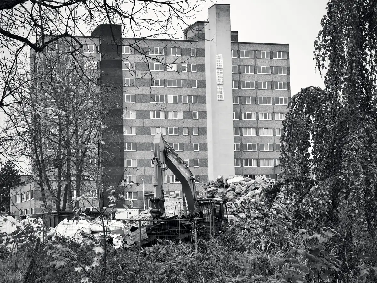 Abbruchbagger zwischen Schuttbergen vor einem Hochhaus, Bäume im Vordergrund
