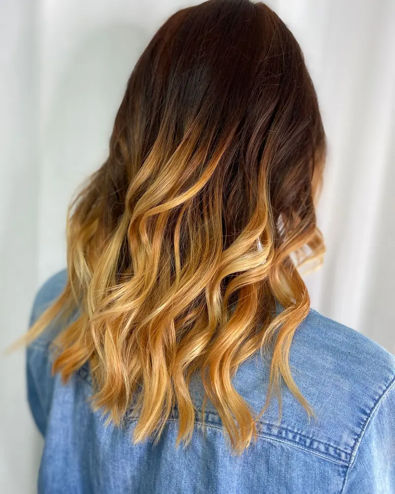Lange, wellige Haare von hinten, Balayage von Dunkelbraun in Honigblond.