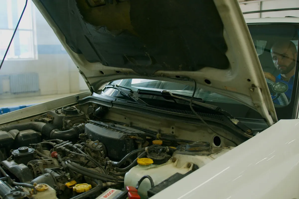Offene Motorhaube, Blick in den Motorraum.