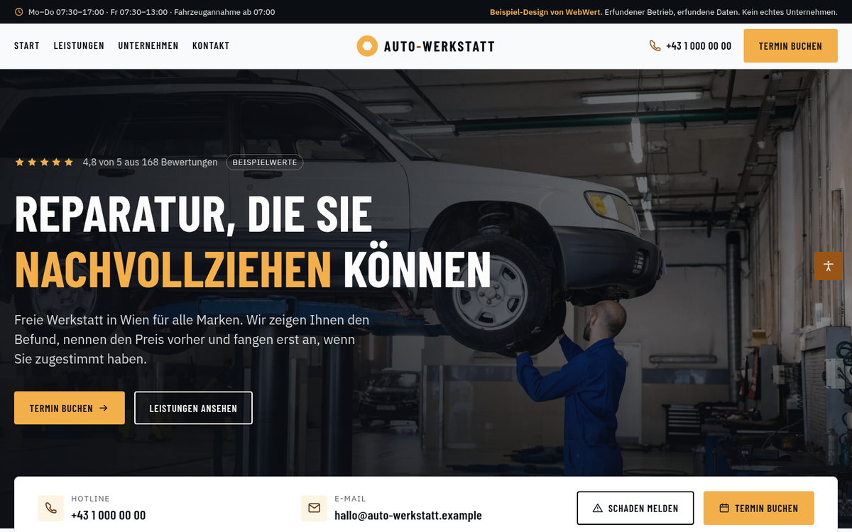 Beispiel-Design einer Website für eine Kfz-Werkstatt: dunkles Hero-Foto aus der Werkstatt mit Textblock links, darunter eine weiße Kontaktleiste mit Telefonnummer und Öffnungszeiten