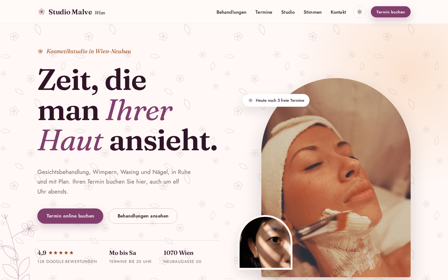 Beispiel-Design einer Website für ein Kosmetikstudio: Bogenfenster-Bilder in Pflaume und Apricot, darunter ein Behandlungsindex mit Preisen