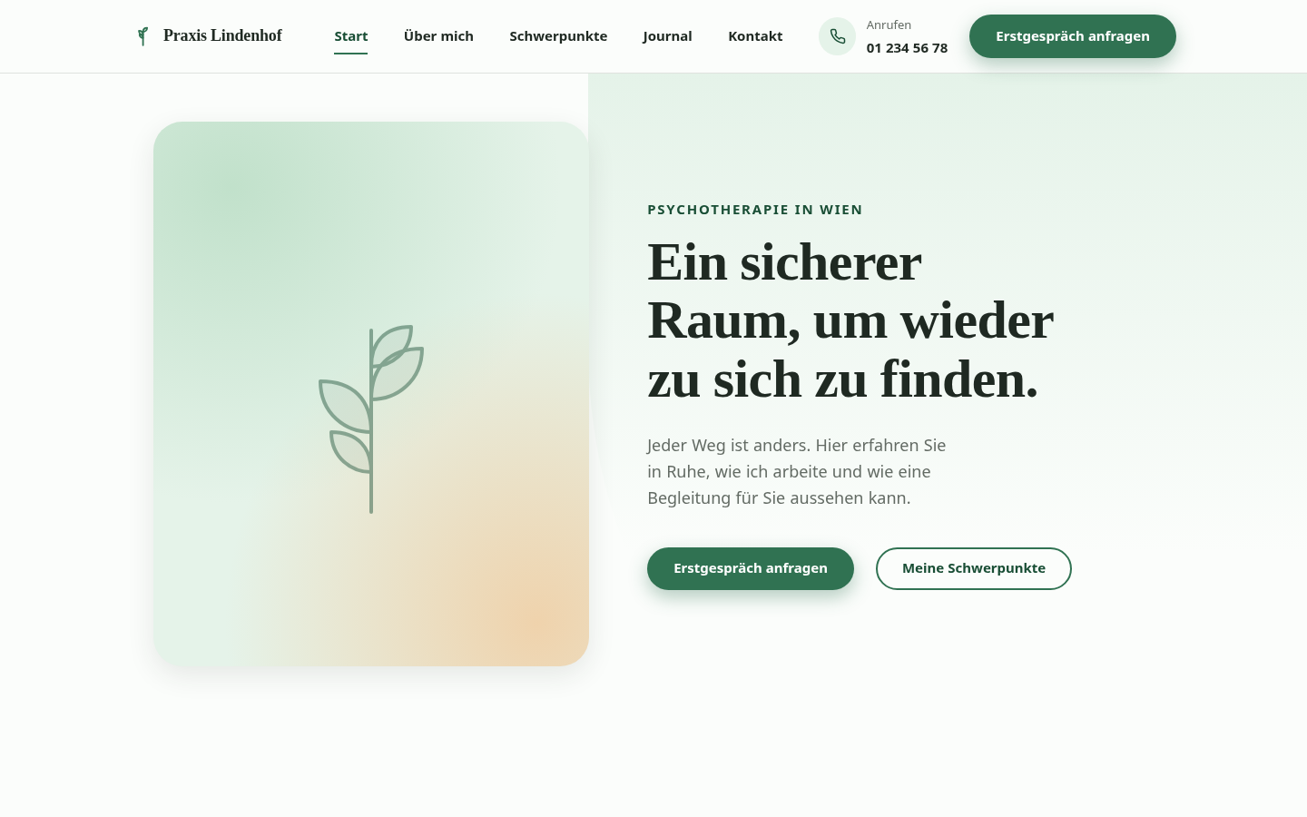 Beispiel-Design einer Website für eine Psychotherapie-Praxis: ruhiges Layout in Salbeigrün mit Erstgespräch-Buttons