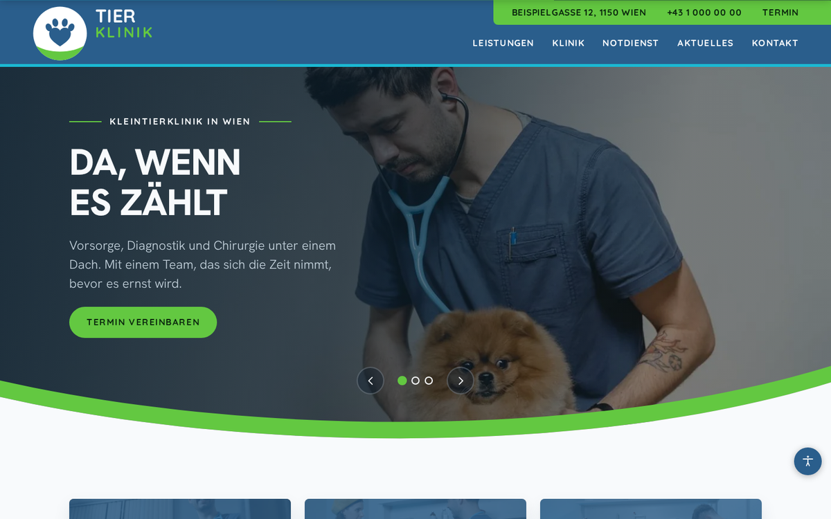Beispiel-Design einer Website für eine Tierklinik: Foto-Slider im Auftakt, darunter grün geschwungene Übergänge und blaue Karten
